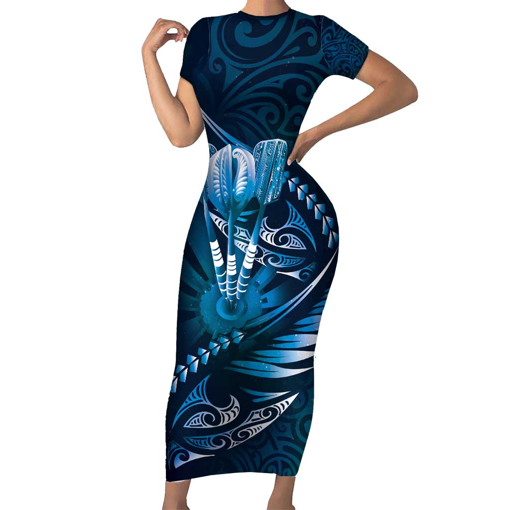Personalised All Blue New Zealand Darts Family Matching Short Sleeve Bodycon Dress and Hawaiian Shirt Aoteroa Fern Maori Galaxy Style LT14 Mom's Dress Blue - Polynesian Pride