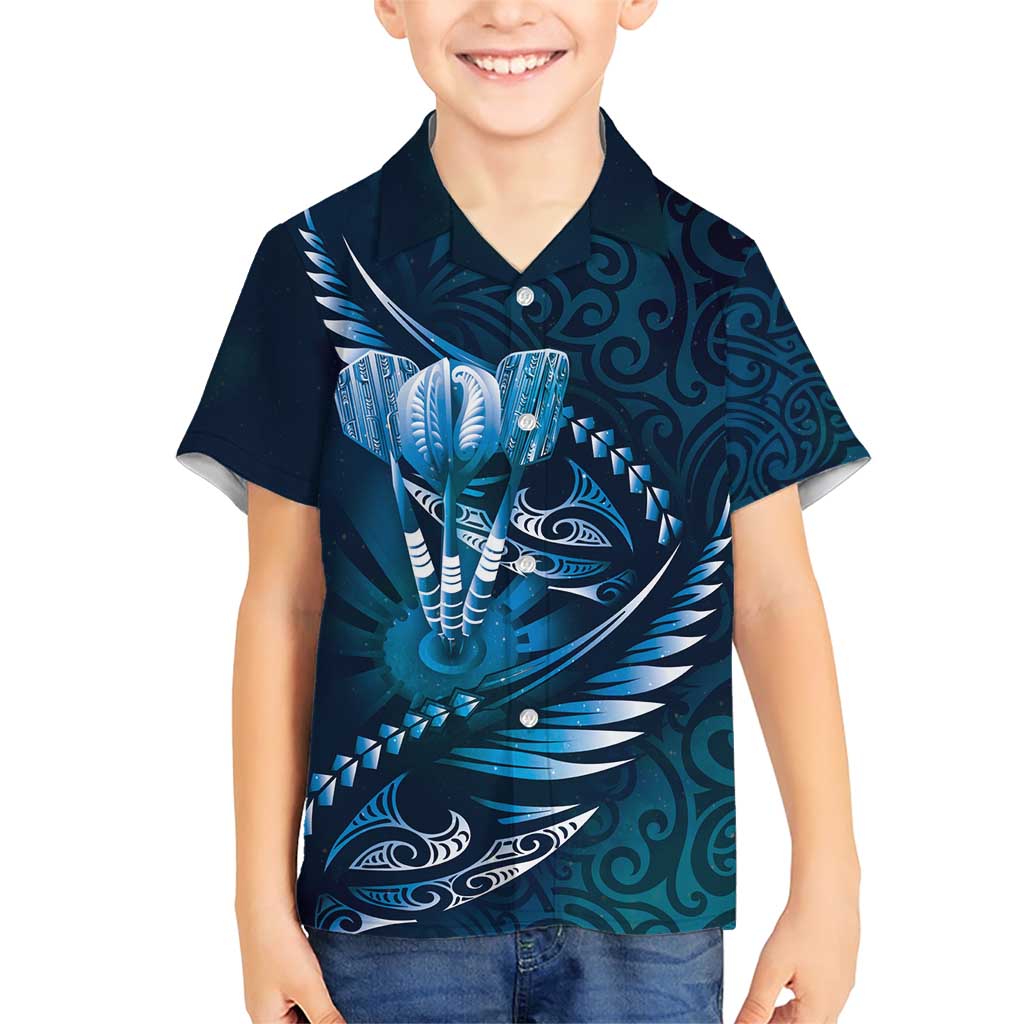 Personalised All Blue New Zealand Darts Family Matching Short Sleeve Bodycon Dress and Hawaiian Shirt Aoteroa Fern Maori Galaxy Style LT14 Son's Shirt Blue - Polynesian Pride