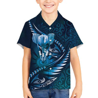 Personalised All Blue New Zealand Darts Family Matching Short Sleeve Bodycon Dress and Hawaiian Shirt Aoteroa Fern Maori Galaxy Style LT14 Son's Shirt Blue - Polynesian Pride