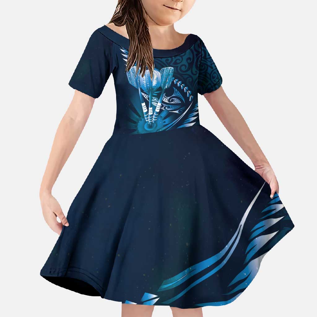 Personalised All Blue New Zealand Darts Family Matching Summer Maxi Dress and Hawaiian Shirt Aoteroa Fern Maori Galaxy Style LT14 Daughter's Dress Blue - Polynesian Pride