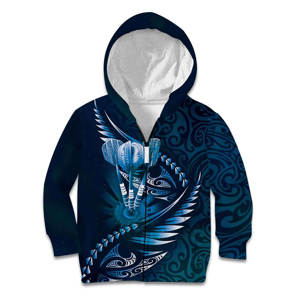 Personalised All Blue New Zealand Darts Kid Hoodie Aoteroa Fern Maori Galaxy Style LT14 Zip Hoodie Blue - Polynesian Pride