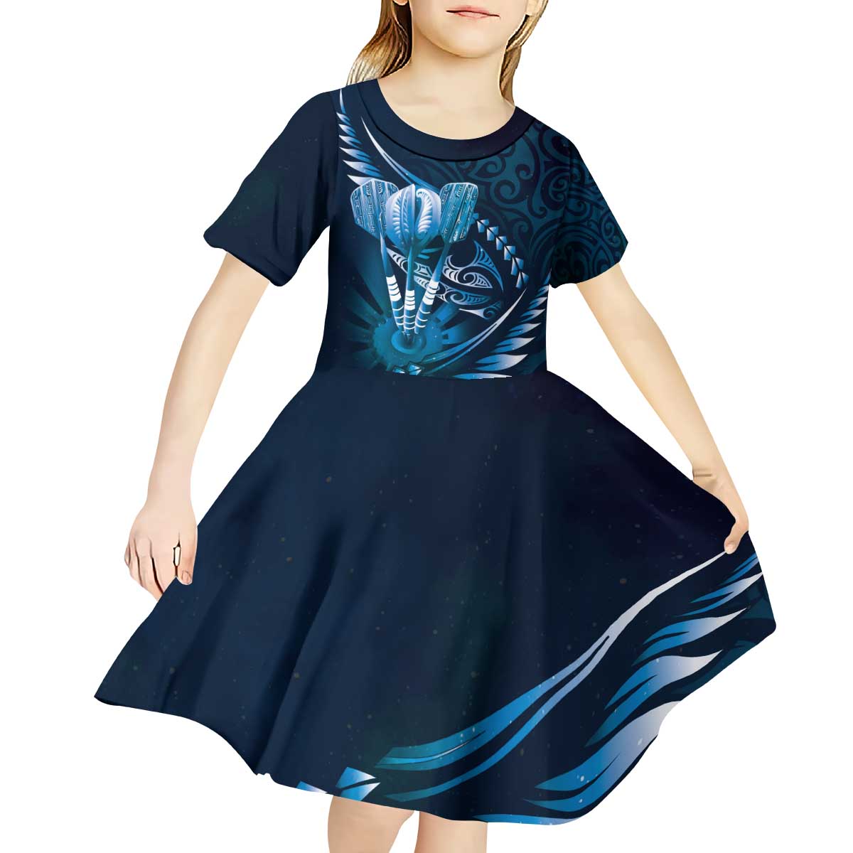 Personalised All Blue New Zealand Darts Kid Short Sleeve Dress Aoteroa Fern Maori Galaxy Style LT14 - Polynesian Pride