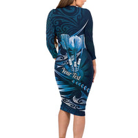 Personalised All Blue New Zealand Darts Long Sleeve Bodycon Dress Aoteroa Fern Maori Galaxy Style LT14 - Polynesian Pride