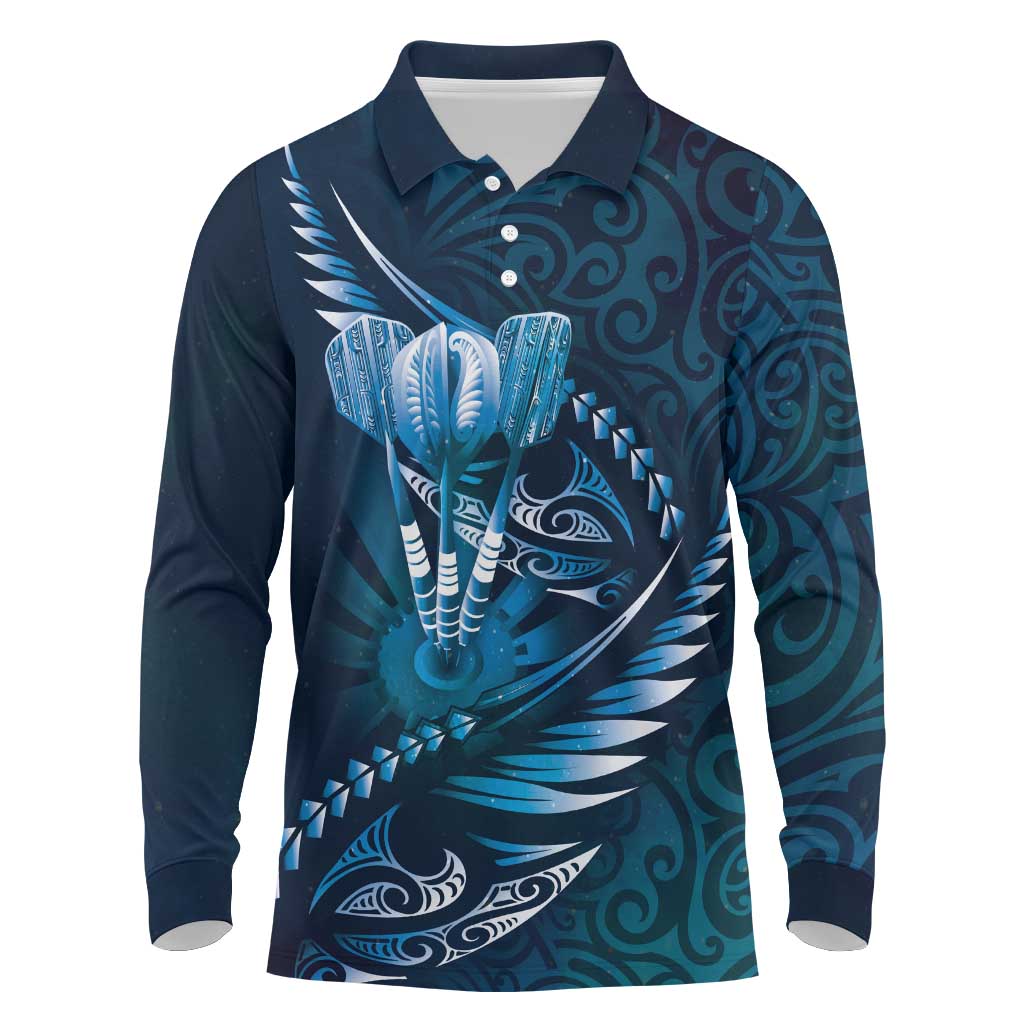 Personalised All Blue New Zealand Darts Long Sleeve Polo Shirt Aoteroa Fern Maori Galaxy Style LT14 Blue - Polynesian Pride