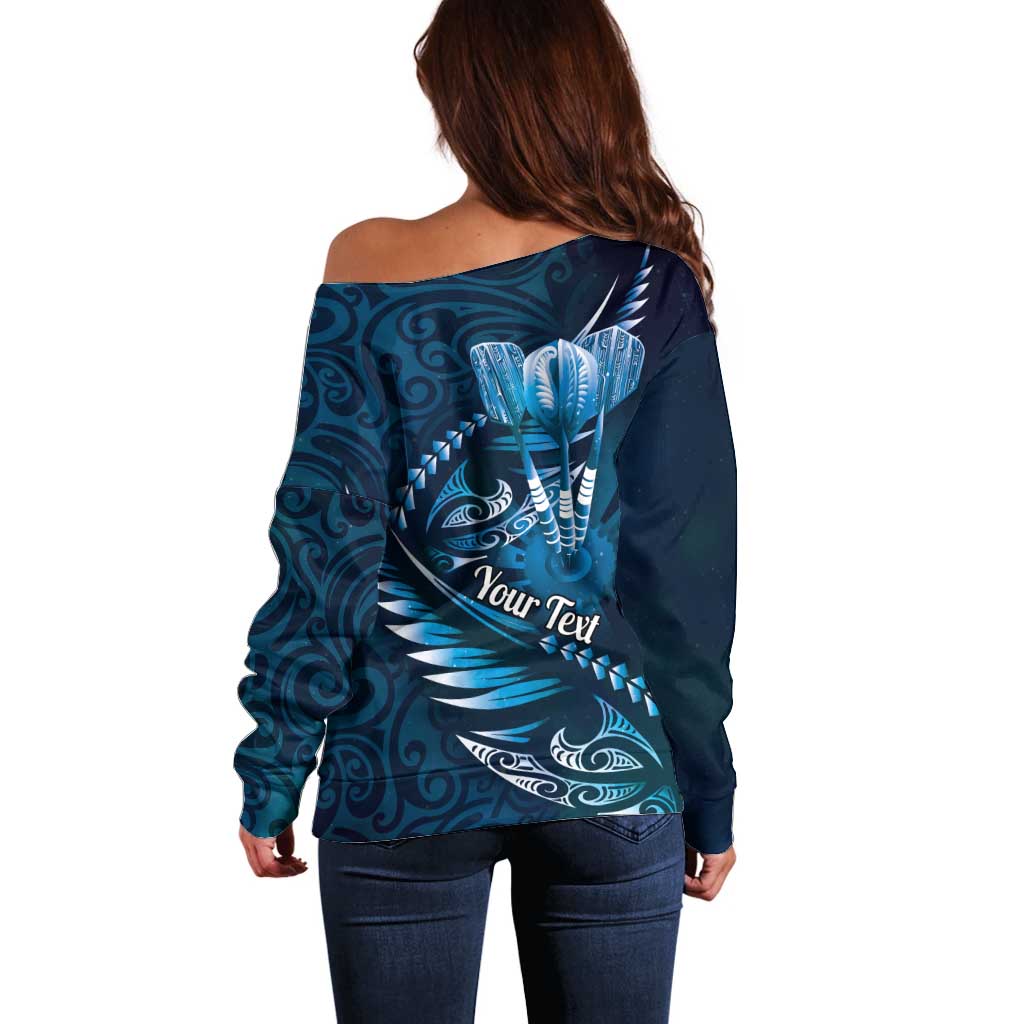 Personalised All Blue New Zealand Darts Off Shoulder Sweater Aoteroa Fern Maori Galaxy Style LT14 - Polynesian Pride