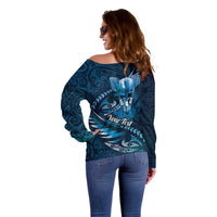Personalised All Blue New Zealand Darts Off Shoulder Sweater Aoteroa Fern Maori Galaxy Style LT14 - Polynesian Pride