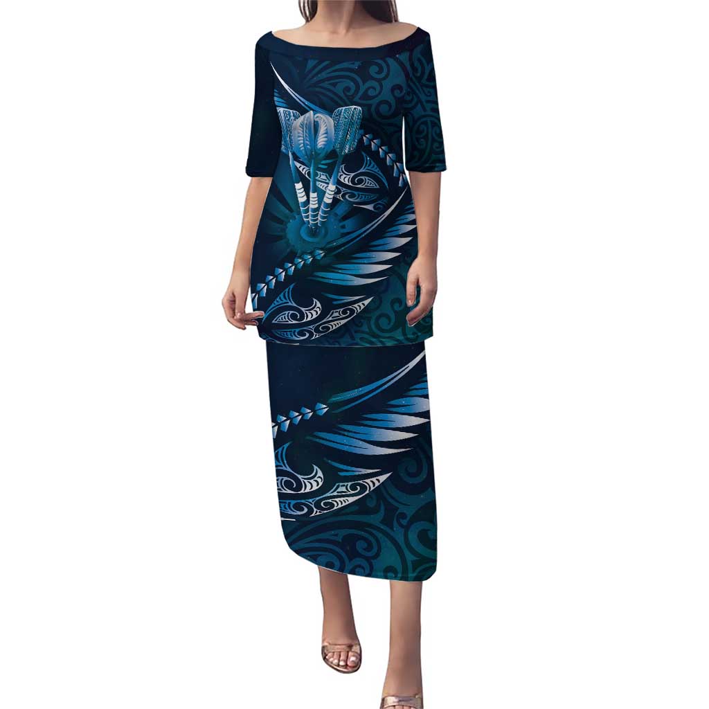 Personalised All Blue New Zealand Darts Puletasi Aoteroa Fern Maori Galaxy Style LT14 Long Dress Blue - Polynesian Pride
