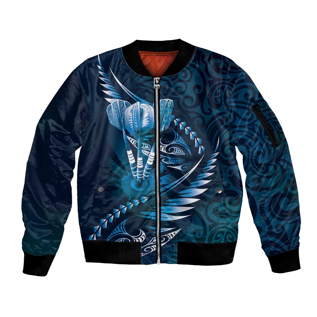 Personalised All Blue New Zealand Darts Sleeve Zip Bomber Jacket Aoteroa Fern Maori Galaxy Style LT14 Unisex Blue - Polynesian Pride