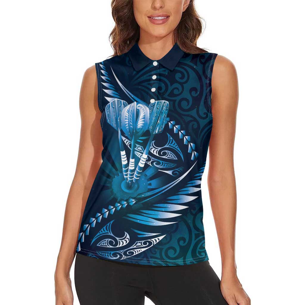 Personalised All Blue New Zealand Darts Women Sleeveless Polo Shirt Aoteroa Fern Maori Galaxy Style LT14 - Polynesian Pride