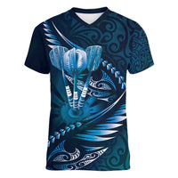 Personalised All Blue New Zealand Darts Women V-Neck T-Shirt Aoteroa Fern Maori Galaxy Style LT14 Female Blue - Polynesian Pride