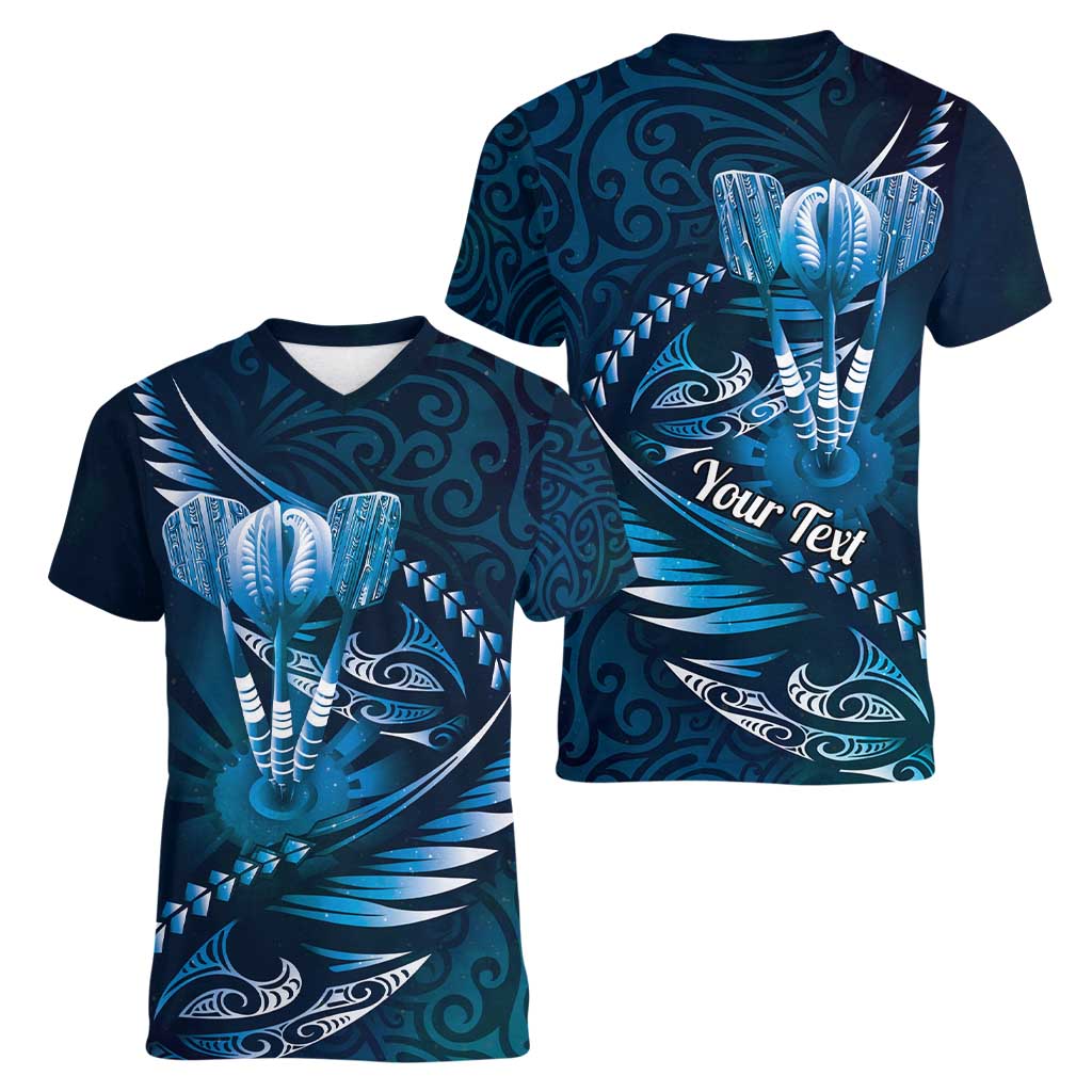 Personalised All Blue New Zealand Darts Women V-Neck T-Shirt Aoteroa Fern Maori Galaxy Style LT14 - Polynesian Pride