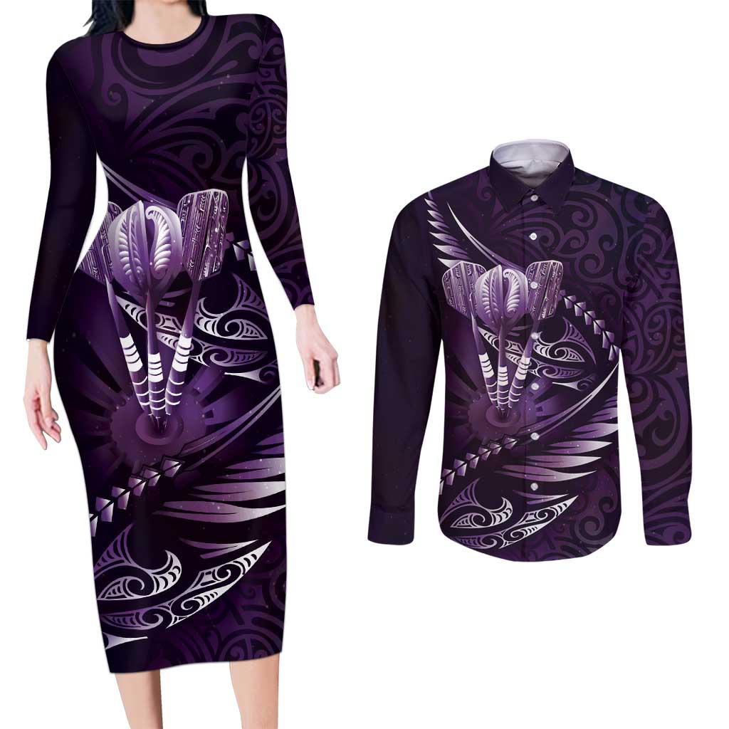 Personalised All Purple New Zealand Darts Couples Matching Long Sleeve Bodycon Dress and Long Sleeve Button Shirt Aoteroa Fern Maori Galaxy Style LT14 Purple - Polynesian Pride