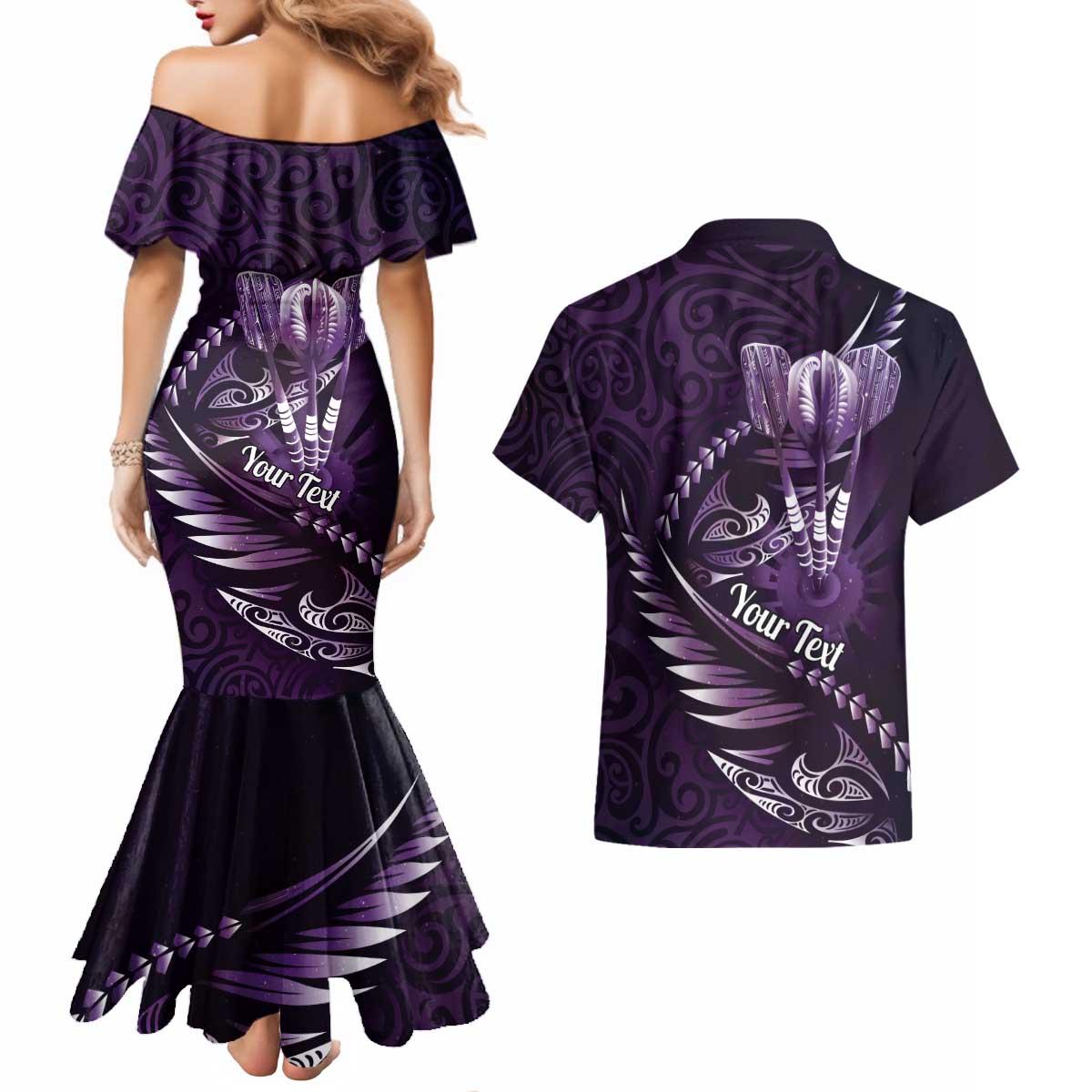 Personalised All Purple New Zealand Darts Couples Matching Mermaid Dress and Hawaiian Shirt Aoteroa Fern Maori Galaxy Style LT14 - Polynesian Pride