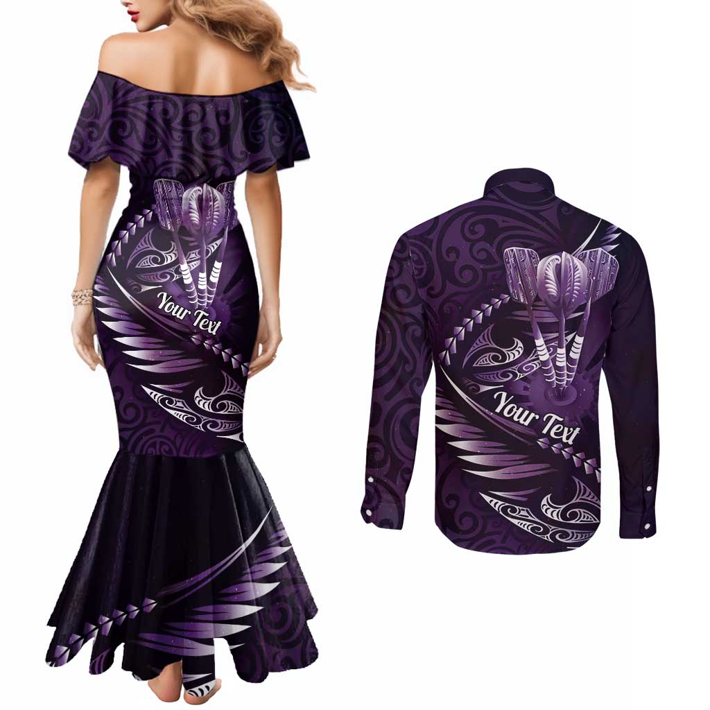 Personalised All Purple New Zealand Darts Couples Matching Mermaid Dress and Long Sleeve Button Shirt Aoteroa Fern Maori Galaxy Style LT14 - Polynesian Pride