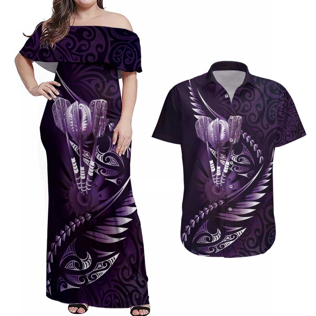 Personalised All Purple New Zealand Darts Couples Matching Off Shoulder Maxi Dress and Hawaiian Shirt Aoteroa Fern Maori Galaxy Style LT14 Purple - Polynesian Pride