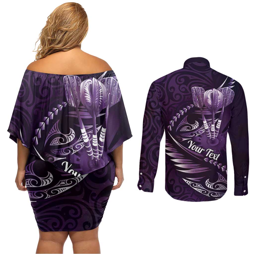 Personalised All Purple New Zealand Darts Couples Matching Off Shoulder Short Dress and Long Sleeve Button Shirt Aoteroa Fern Maori Galaxy Style LT14 - Polynesian Pride