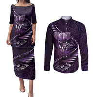 Personalised All Purple New Zealand Darts Couples Matching Puletasi and Long Sleeve Button Shirt Aoteroa Fern Maori Galaxy Style LT14 Purple - Polynesian Pride