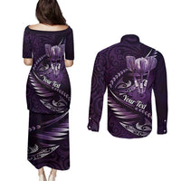 Personalised All Purple New Zealand Darts Couples Matching Puletasi and Long Sleeve Button Shirt Aoteroa Fern Maori Galaxy Style LT14 - Polynesian Pride