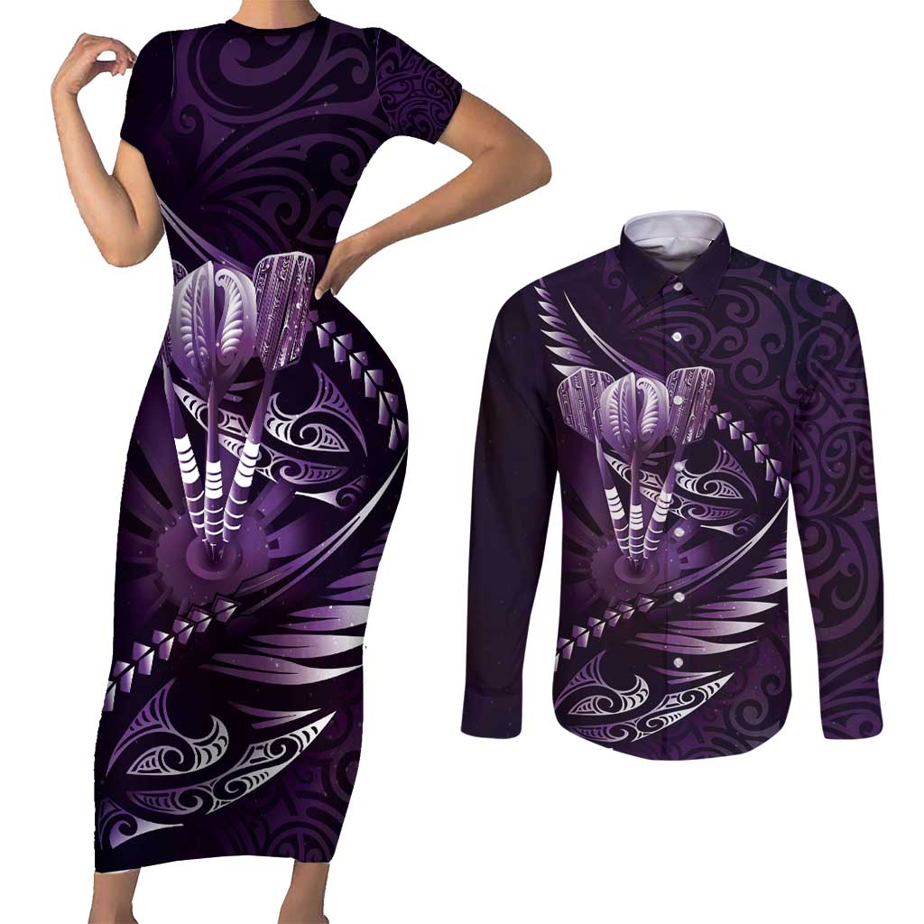 Personalised All Purple New Zealand Darts Couples Matching Short Sleeve Bodycon Dress and Long Sleeve Button Shirt Aoteroa Fern Maori Galaxy Style LT14 Purple - Polynesian Pride