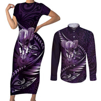 Personalised All Purple New Zealand Darts Couples Matching Short Sleeve Bodycon Dress and Long Sleeve Button Shirt Aoteroa Fern Maori Galaxy Style LT14 Purple - Polynesian Pride