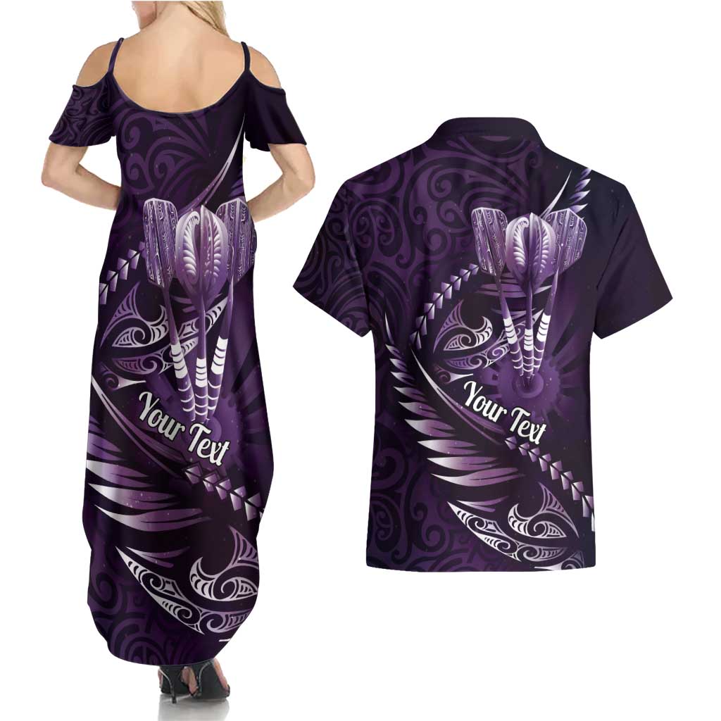 Personalised All Purple New Zealand Darts Couples Matching Summer Maxi Dress and Hawaiian Shirt Aoteroa Fern Maori Galaxy Style LT14 - Polynesian Pride