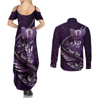 Personalised All Purple New Zealand Darts Couples Matching Summer Maxi Dress and Long Sleeve Button Shirt Aoteroa Fern Maori Galaxy Style LT14 - Polynesian Pride