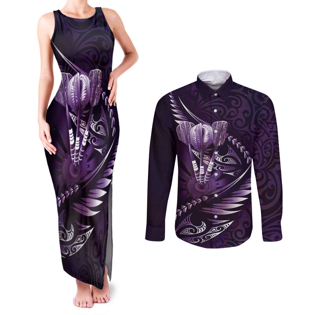 Personalised All Purple New Zealand Darts Couples Matching Tank Maxi Dress and Long Sleeve Button Shirt Aoteroa Fern Maori Galaxy Style LT14 Purple - Polynesian Pride