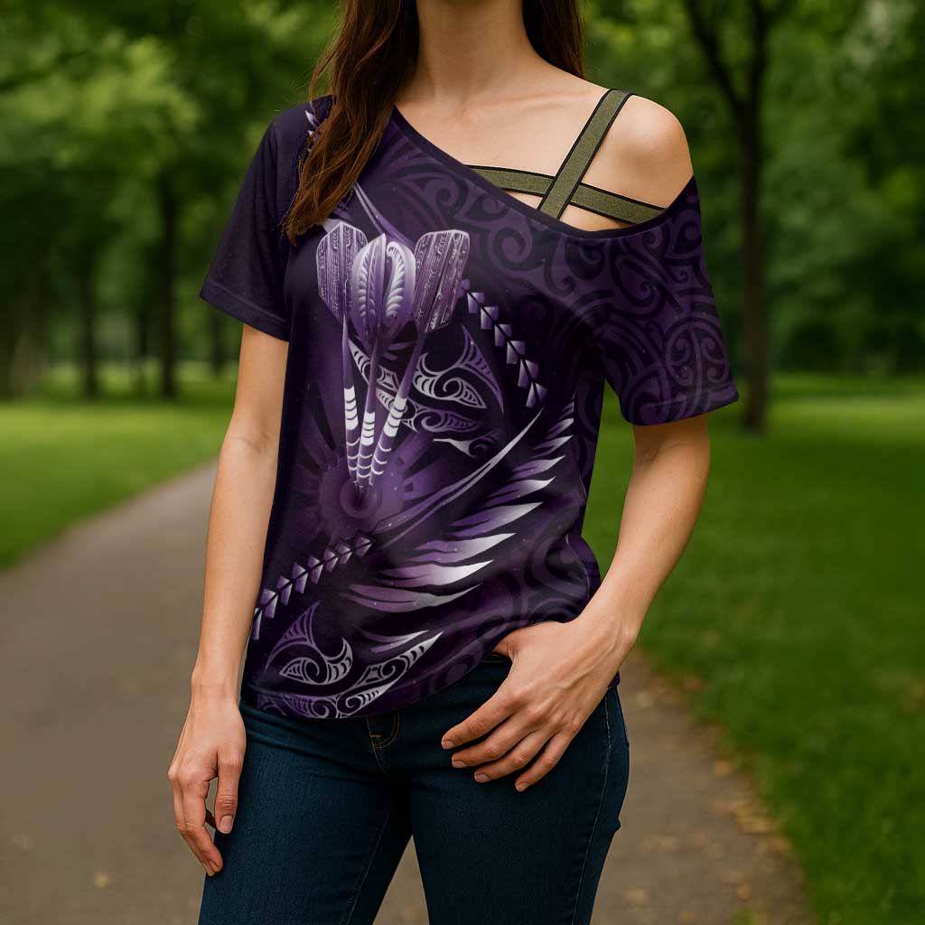 Personalised All Purple New Zealand Darts Cross Shoulder Shirt Aoteroa Fern Maori Galaxy Style - Polynesian Pride