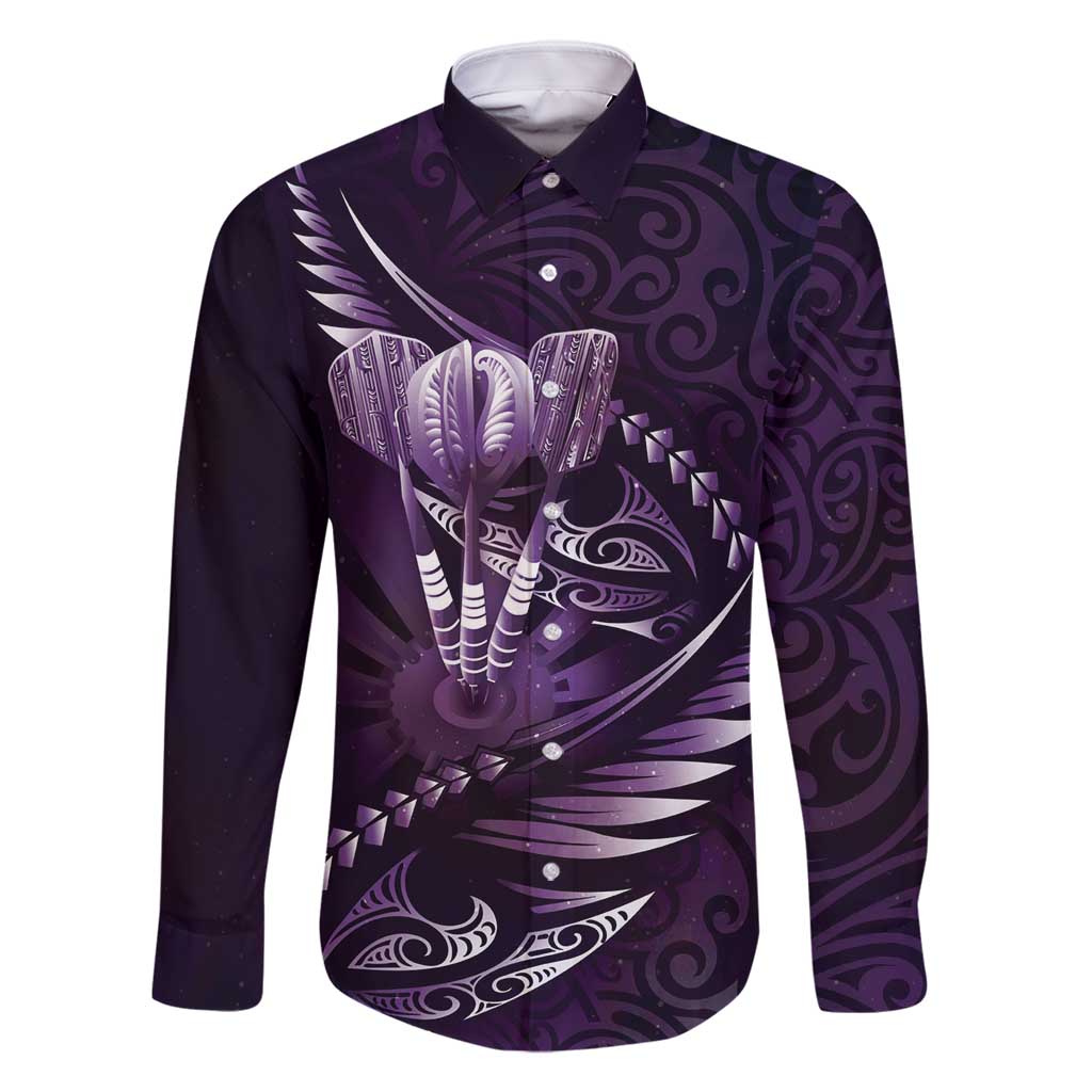 Personalised All Purple New Zealand Darts Family Matching Long Sleeve Bodycon Dress and Hawaiian Shirt Aoteroa Fern Maori Galaxy Style LT14 Dad's Shirt - Long Sleeve Purple - Polynesian Pride