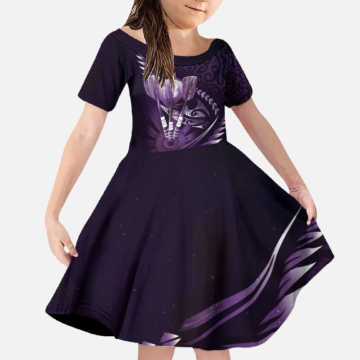 Personalised All Purple New Zealand Darts Family Matching Off The Shoulder Long Sleeve Dress and Hawaiian Shirt Aoteroa Fern Maori Galaxy Style LT14 Daughter's Dress Purple - Polynesian Pride