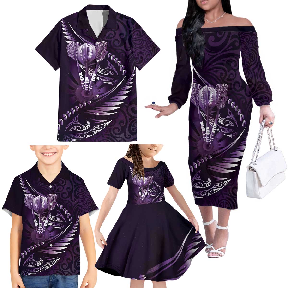 Personalised All Purple New Zealand Darts Family Matching Off The Shoulder Long Sleeve Dress and Hawaiian Shirt Aoteroa Fern Maori Galaxy Style LT14 - Polynesian Pride