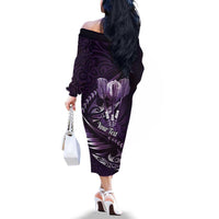 Personalised All Purple New Zealand Darts Family Matching Off The Shoulder Long Sleeve Dress and Hawaiian Shirt Aoteroa Fern Maori Galaxy Style LT14 - Polynesian Pride