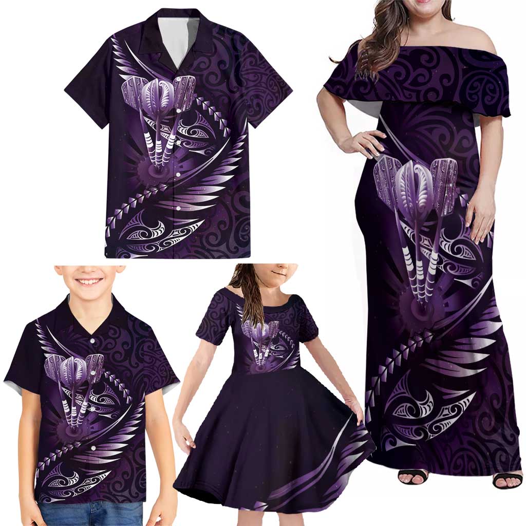 Personalised All Purple New Zealand Darts Family Matching Off Shoulder Maxi Dress and Hawaiian Shirt Aoteroa Fern Maori Galaxy Style LT14 - Polynesian Pride