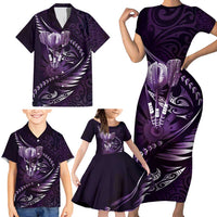 Personalised All Purple New Zealand Darts Family Matching Short Sleeve Bodycon Dress and Hawaiian Shirt Aoteroa Fern Maori Galaxy Style LT14 - Polynesian Pride