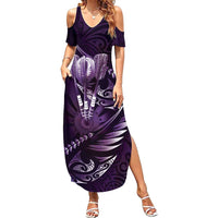 Personalised All Purple New Zealand Darts Family Matching Summer Maxi Dress and Hawaiian Shirt Aoteroa Fern Maori Galaxy Style LT14 Mom's Dress Purple - Polynesian Pride
