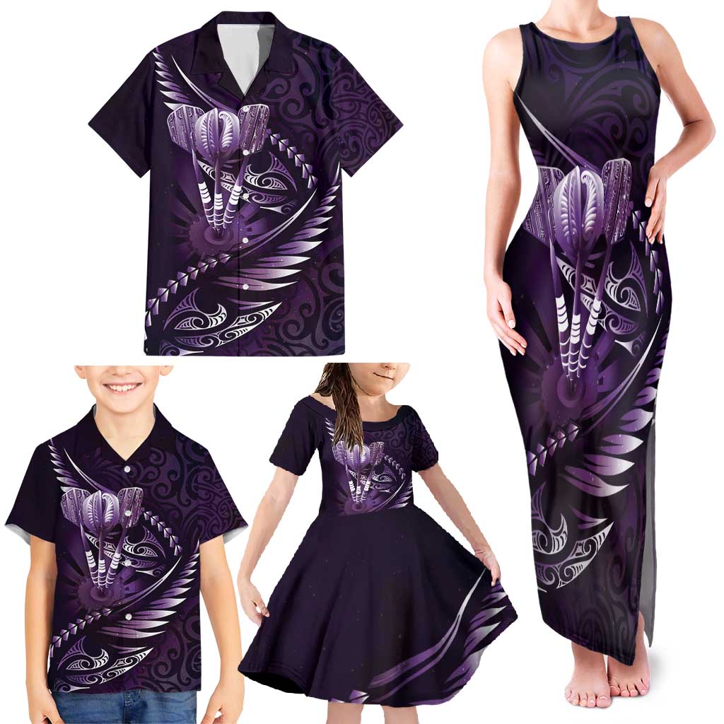 Personalised All Purple New Zealand Darts Family Matching Tank Maxi Dress and Hawaiian Shirt Aoteroa Fern Maori Galaxy Style LT14 - Polynesian Pride