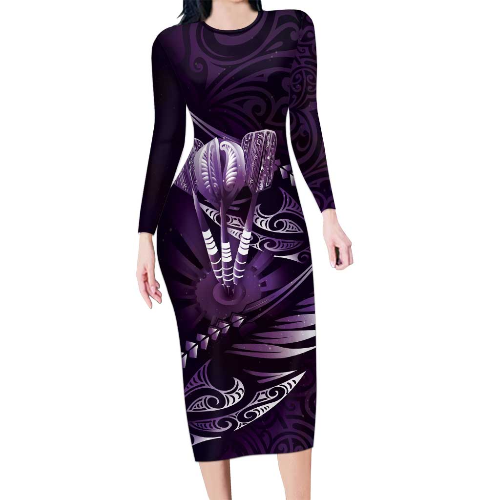 Personalised All Purple New Zealand Darts Long Sleeve Bodycon Dress Aoteroa Fern Maori Galaxy Style LT14 Long Dress Purple - Polynesian Pride