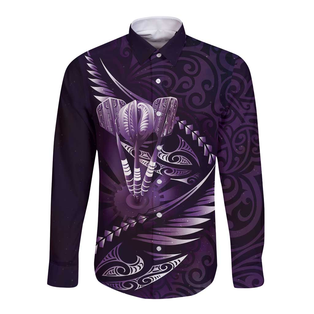 Personalised All Purple New Zealand Darts Long Sleeve Button Shirt Aoteroa Fern Maori Galaxy Style LT14 Unisex Purple - Polynesian Pride