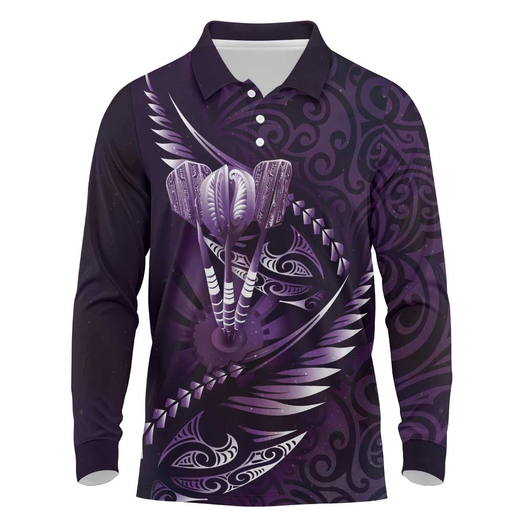 Personalised All Purple New Zealand Darts Long Sleeve Polo Shirt Aoteroa Fern Maori Galaxy Style LT14 Purple - Polynesian Pride