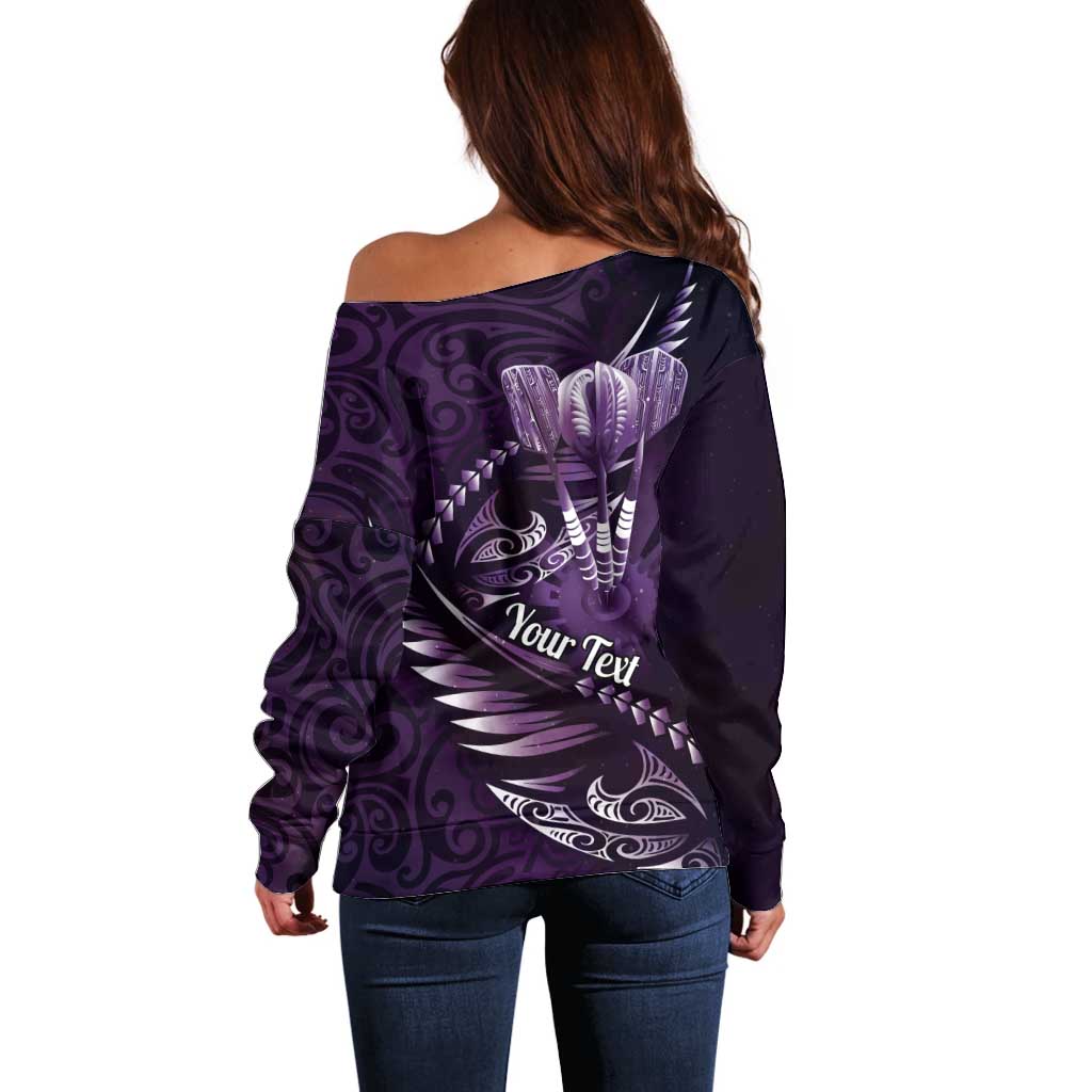 Personalised All Purple New Zealand Darts Off Shoulder Sweater Aoteroa Fern Maori Galaxy Style LT14 - Polynesian Pride