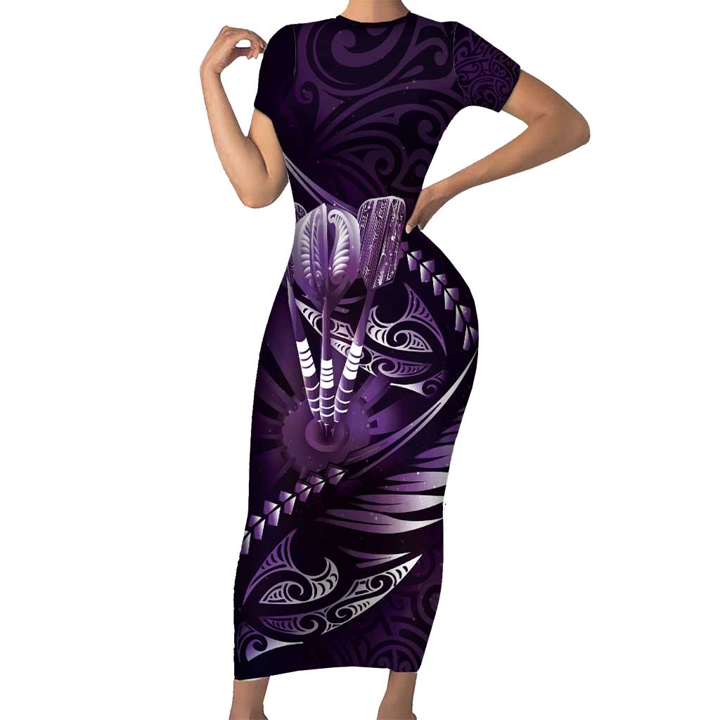 Personalised All Purple New Zealand Darts Short Sleeve Bodycon Dress Aoteroa Fern Maori Galaxy Style LT14 Long Dress Purple - Polynesian Pride
