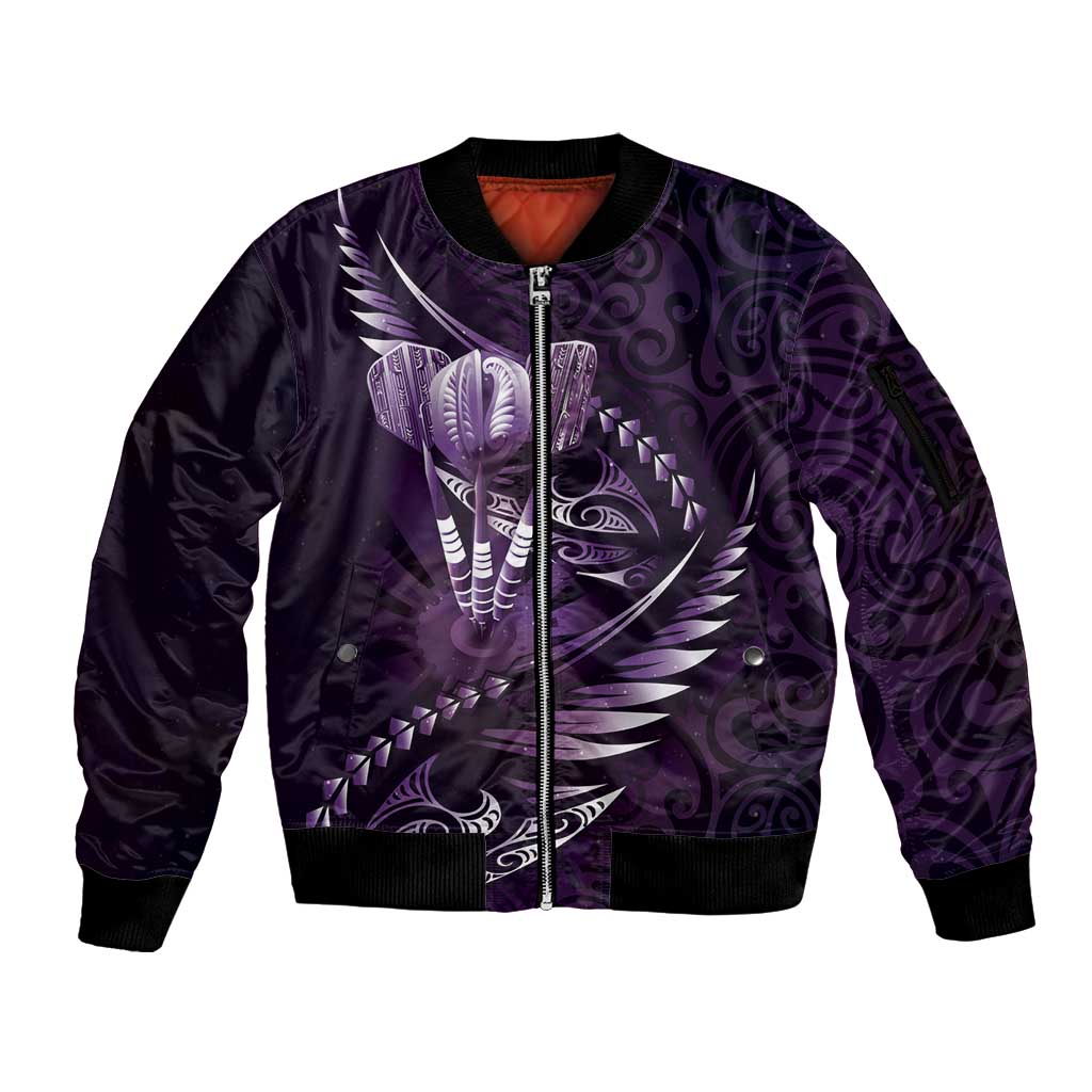 Personalised All Purple New Zealand Darts Sleeve Zip Bomber Jacket Aoteroa Fern Maori Galaxy Style LT14 Unisex Purple - Polynesian Pride