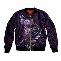 Personalised All Purple New Zealand Darts Sleeve Zip Bomber Jacket Aoteroa Fern Maori Galaxy Style LT14 Unisex Purple - Polynesian Pride