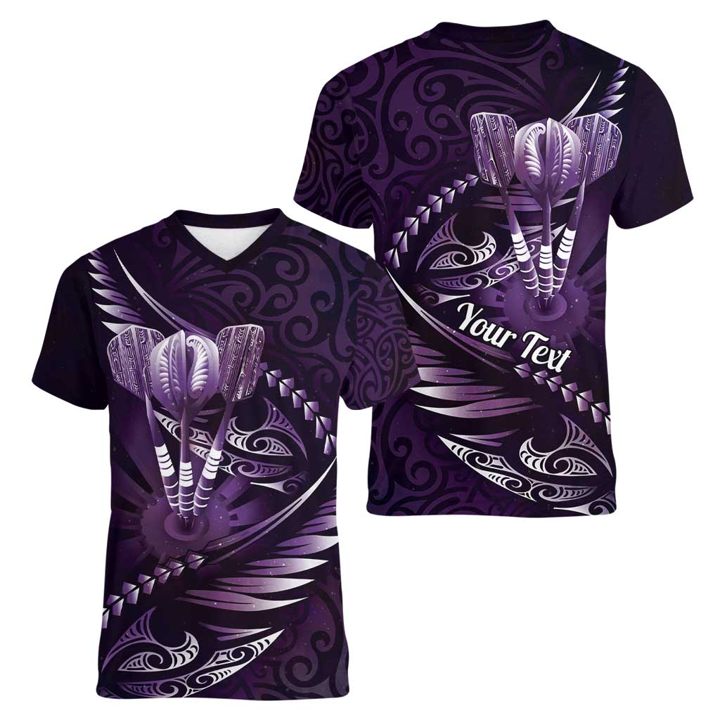 Personalised All Purple New Zealand Darts Women V-Neck T-Shirt Aoteroa Fern Maori Galaxy Style LT14 - Polynesian Pride
