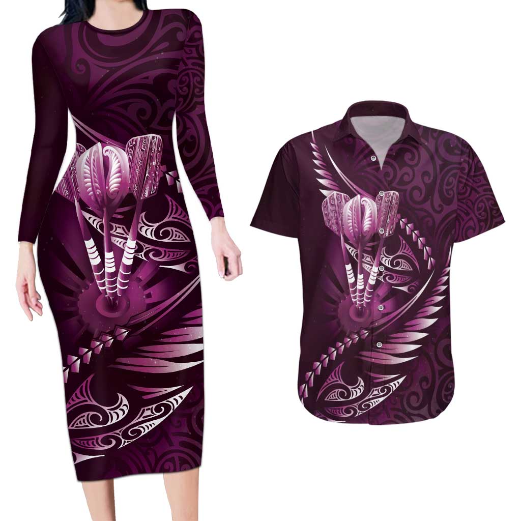 Personalised All Pink New Zealand Darts Couples Matching Long Sleeve Bodycon Dress and Hawaiian Shirt Aoteroa Fern Maori Galaxy Style LT14 Pink - Polynesian Pride