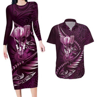 Personalised All Pink New Zealand Darts Couples Matching Long Sleeve Bodycon Dress and Hawaiian Shirt Aoteroa Fern Maori Galaxy Style LT14 Pink - Polynesian Pride