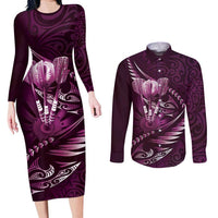 Personalised All Pink New Zealand Darts Couples Matching Long Sleeve Bodycon Dress and Long Sleeve Button Shirt Aoteroa Fern Maori Galaxy Style LT14 Pink - Polynesian Pride