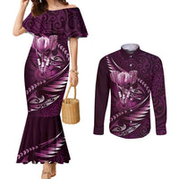 Personalised All Pink New Zealand Darts Couples Matching Mermaid Dress and Long Sleeve Button Shirt Aoteroa Fern Maori Galaxy Style LT14 Pink - Polynesian Pride