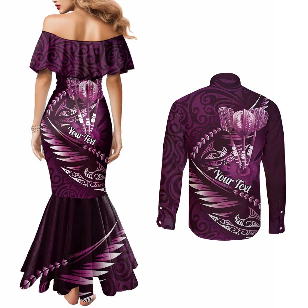 Personalised All Pink New Zealand Darts Couples Matching Mermaid Dress and Long Sleeve Button Shirt Aoteroa Fern Maori Galaxy Style LT14 - Polynesian Pride