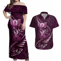 Personalised All Pink New Zealand Darts Couples Matching Off Shoulder Maxi Dress and Hawaiian Shirt Aoteroa Fern Maori Galaxy Style LT14 Pink - Polynesian Pride
